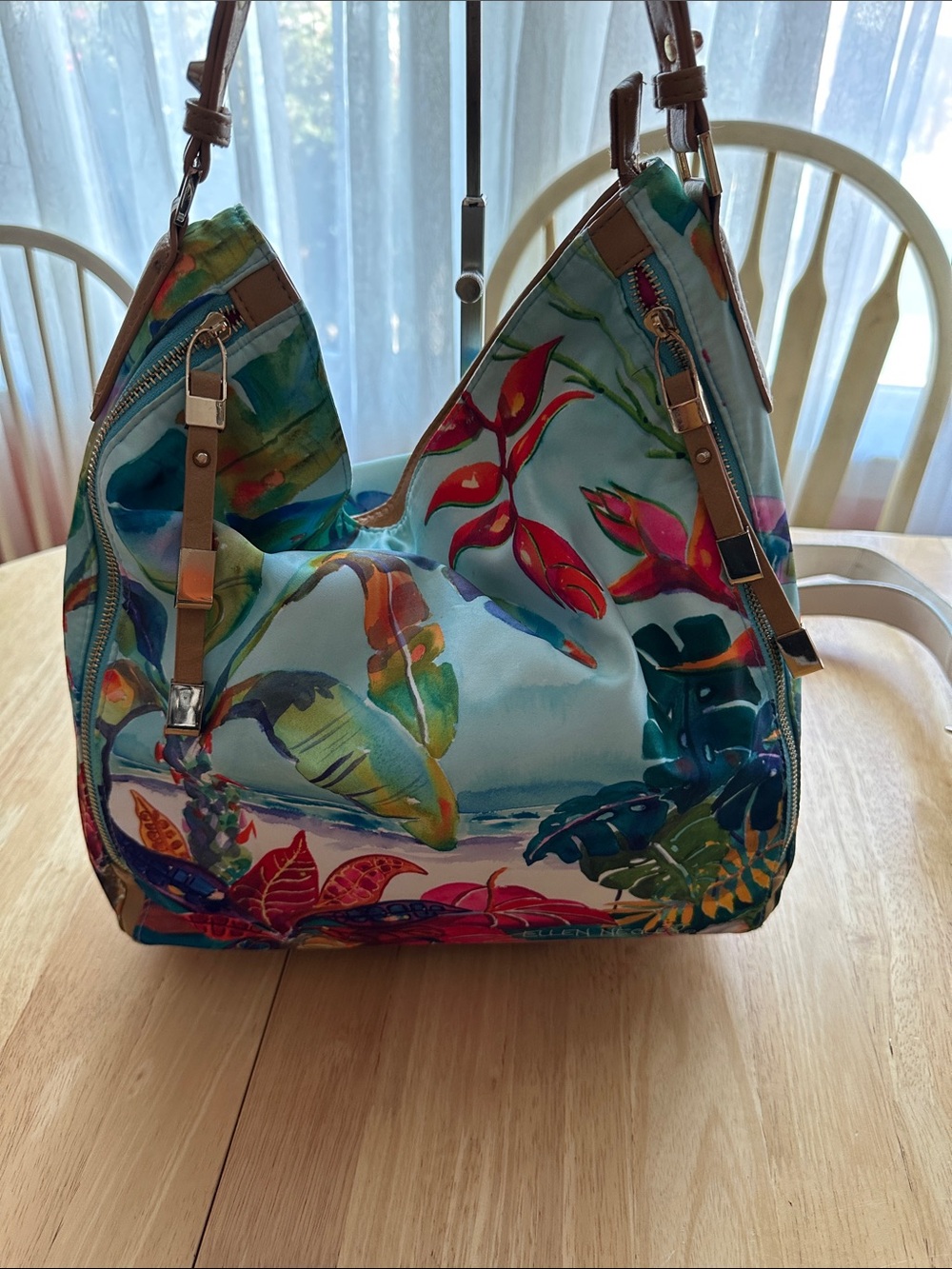Tropical Print Hobo Bag in Multi-Color with Tan Trim
